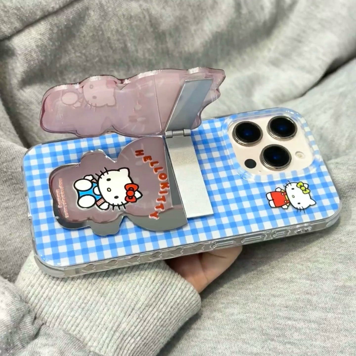 kT cat blue plaid phone case with mirror holder