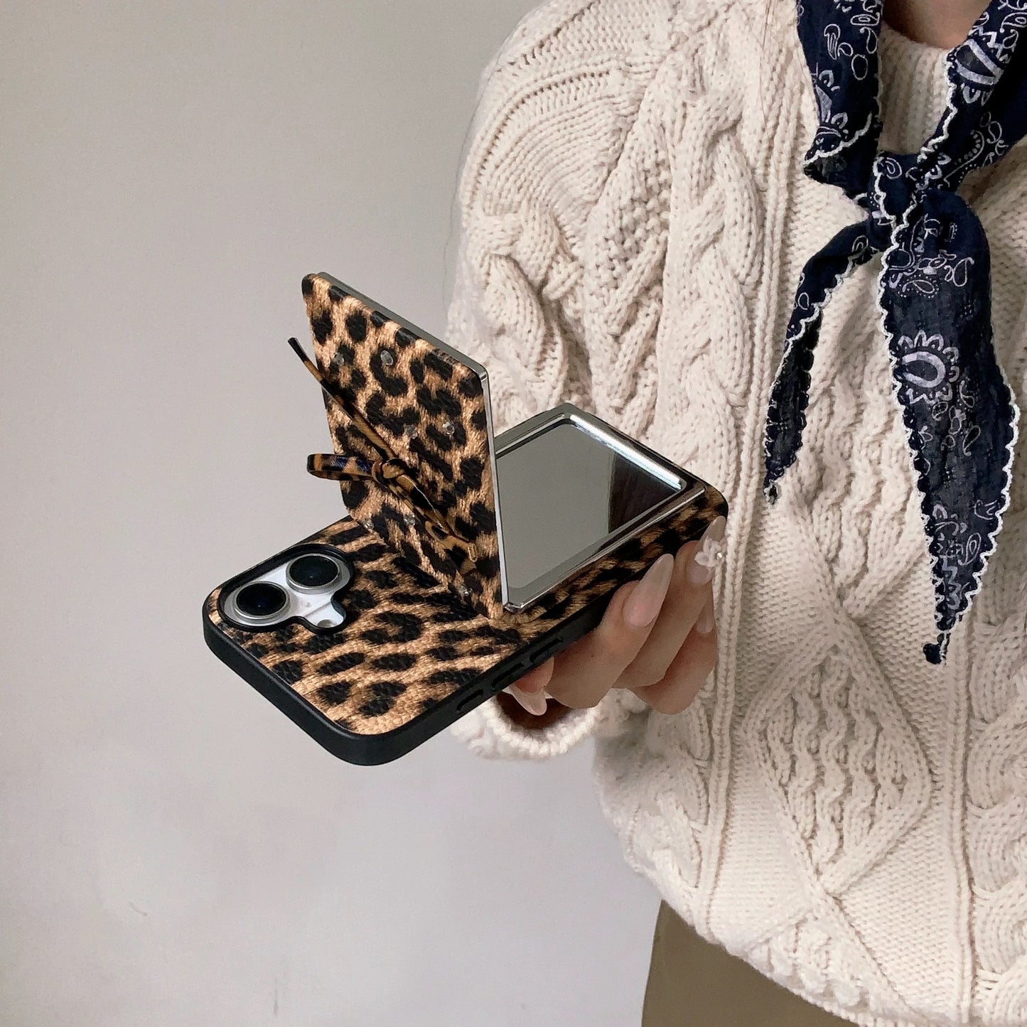 Leopard Print Bow Flap Mirror Phone Case