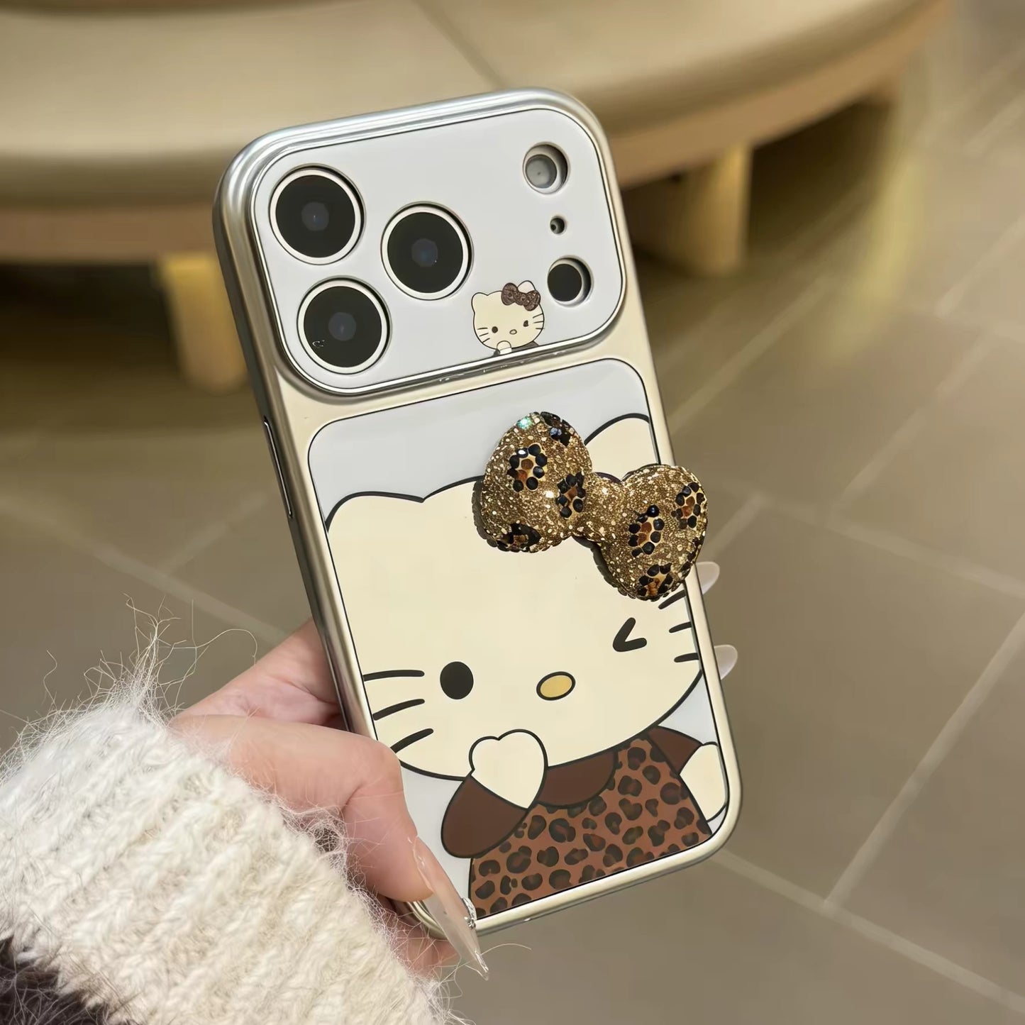 Leopard print 3D bow Kitty mirror phone case
