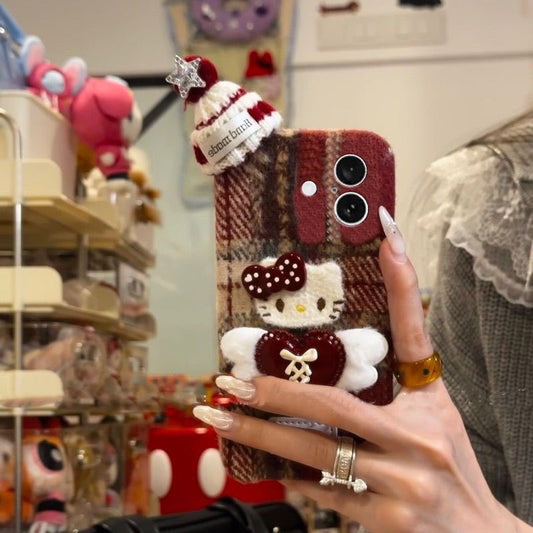 Christmas red and brown plaid Kitty cat heart wings plush hat phone case