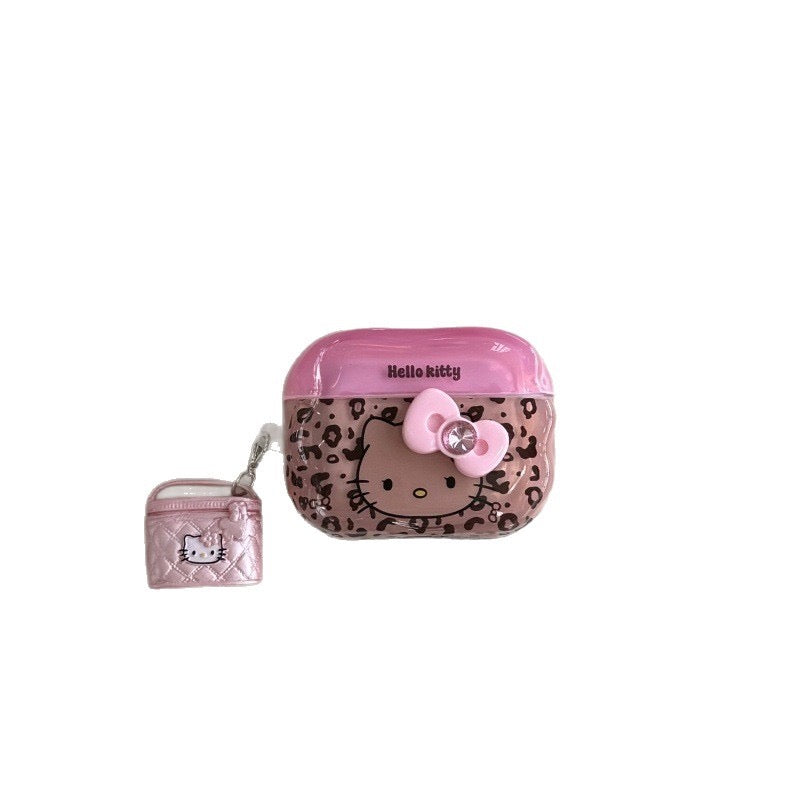 Custodia per auricolari Kitty con fiocco leopardato