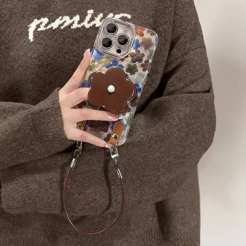 Retro Floral Phone Case with Kickstand, Leather Buckle, and Lanyard