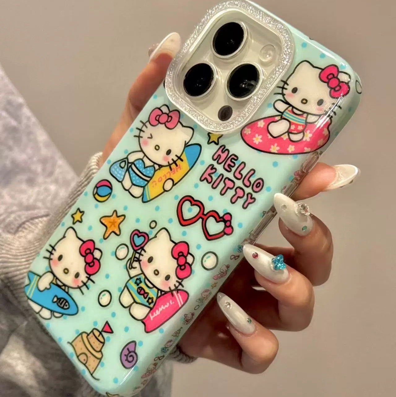 Cartoon Floral Surfboard Bubble-Blowing Hello Kitty