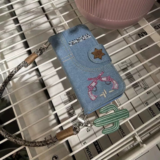 Creative Limited Edition Denim Embroidery Flip Phone Case