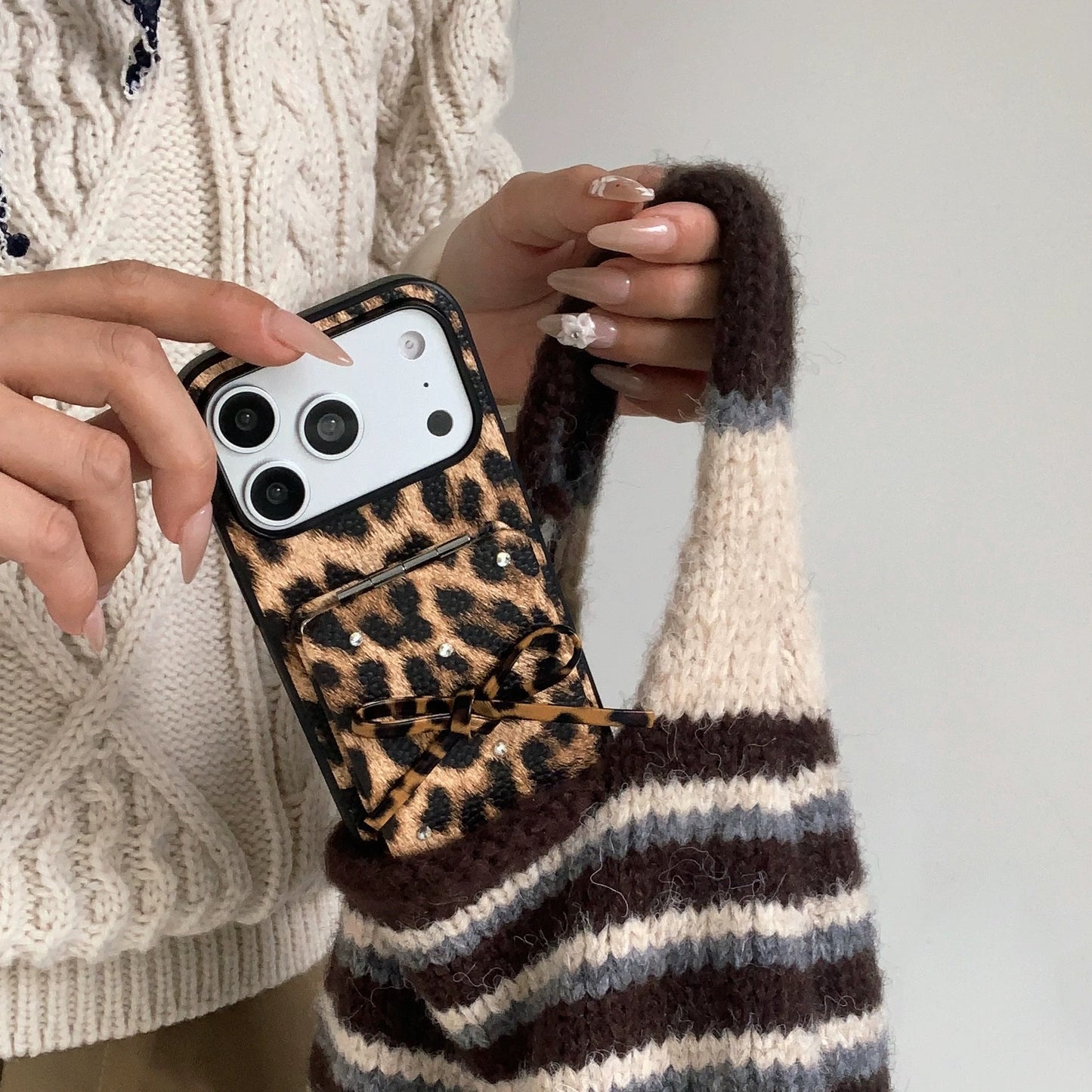 Leopard Print Bow Flap Mirror Phone Case