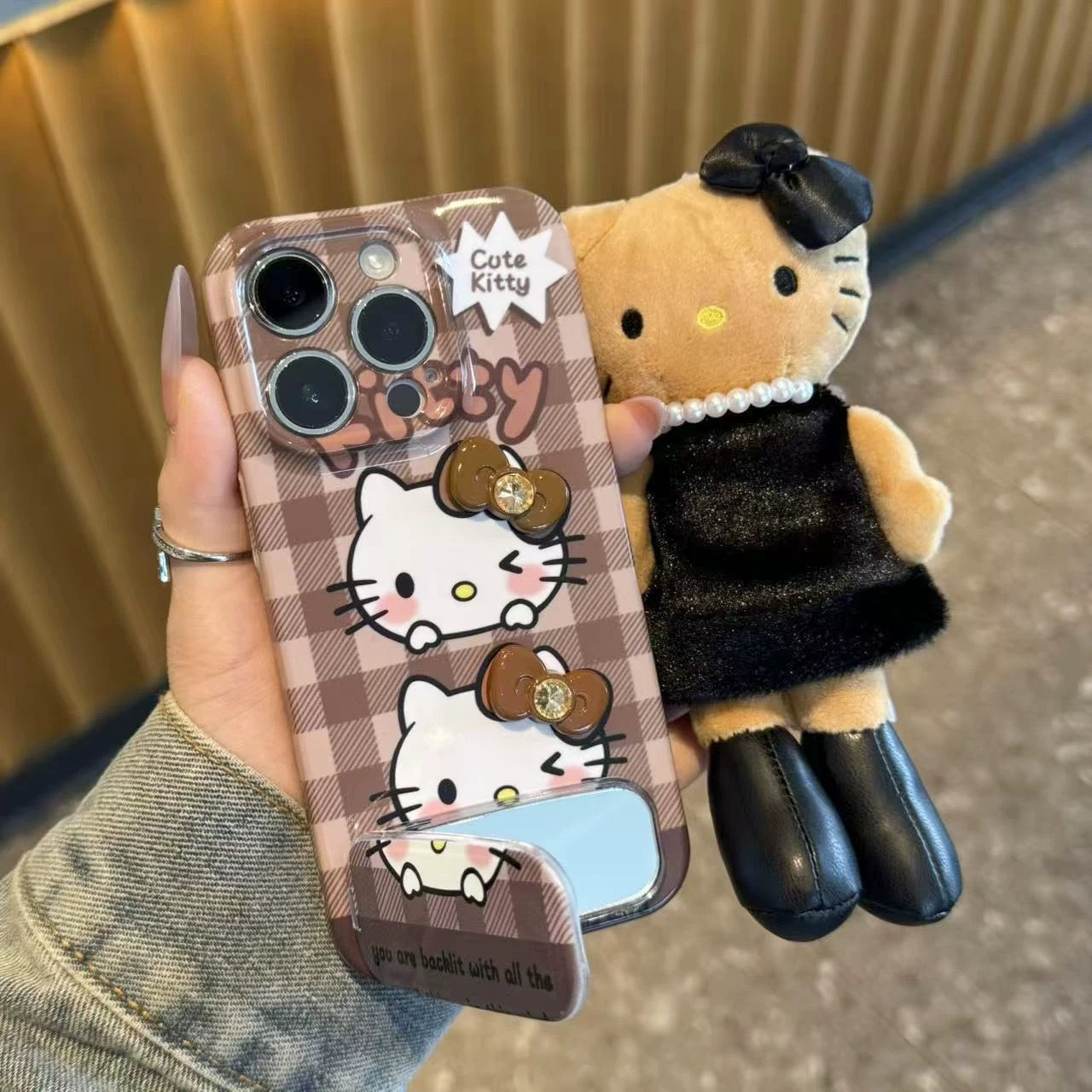 Checkered Kitty Cat Mirror Stand Phone Case