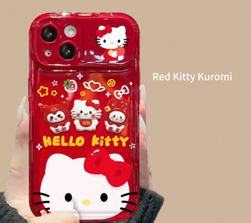 Red Kitty Kuromi flip phone case with mirror holder