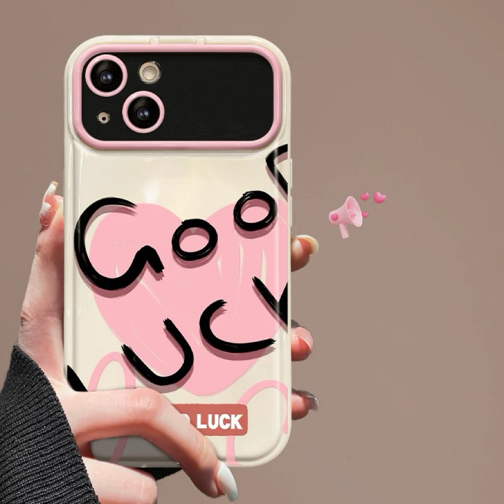 Pink heart-shaped lucky flip mirror phone case