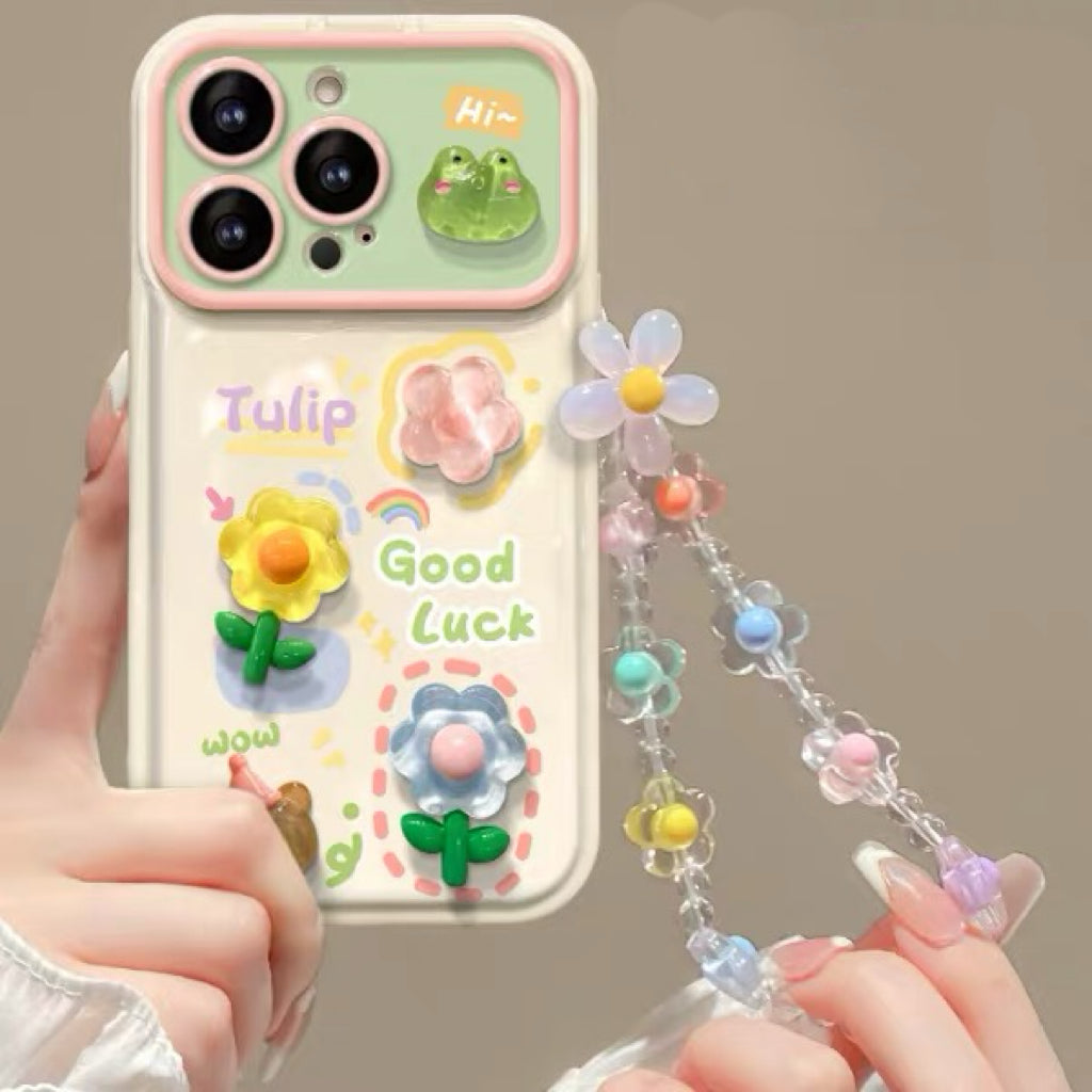 3D Flower and Frog Portable Mirror Phone Case