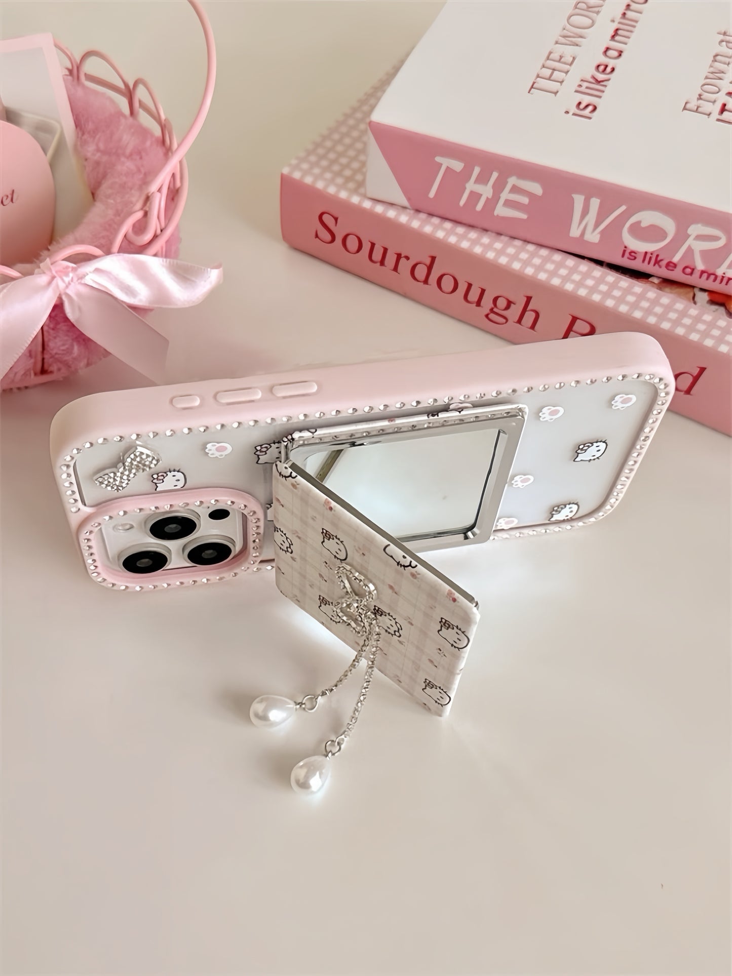 Pink Kitty Bow Phone Case with Mirror Holder