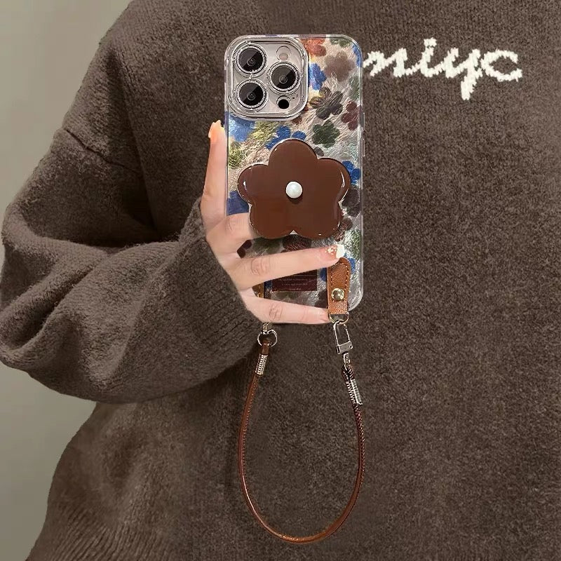 Retro Floral Phone Case with Kickstand, Leather Buckle, and Lanyard