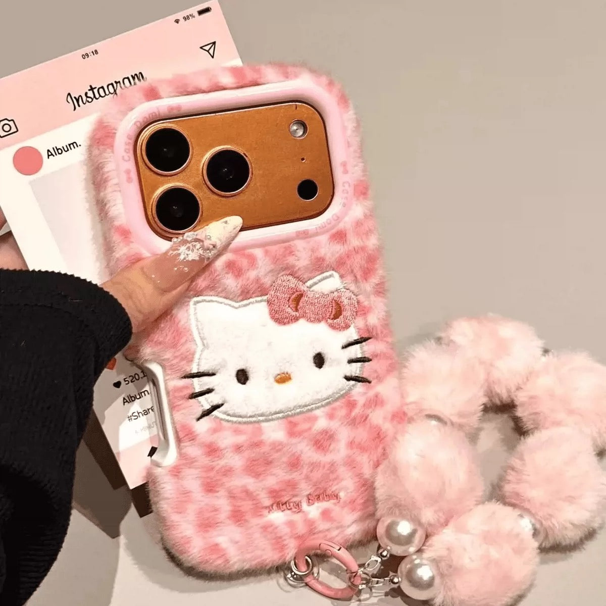 Cute Fluffy Pink Panther & Hello Kitty Lanyard Phone Case