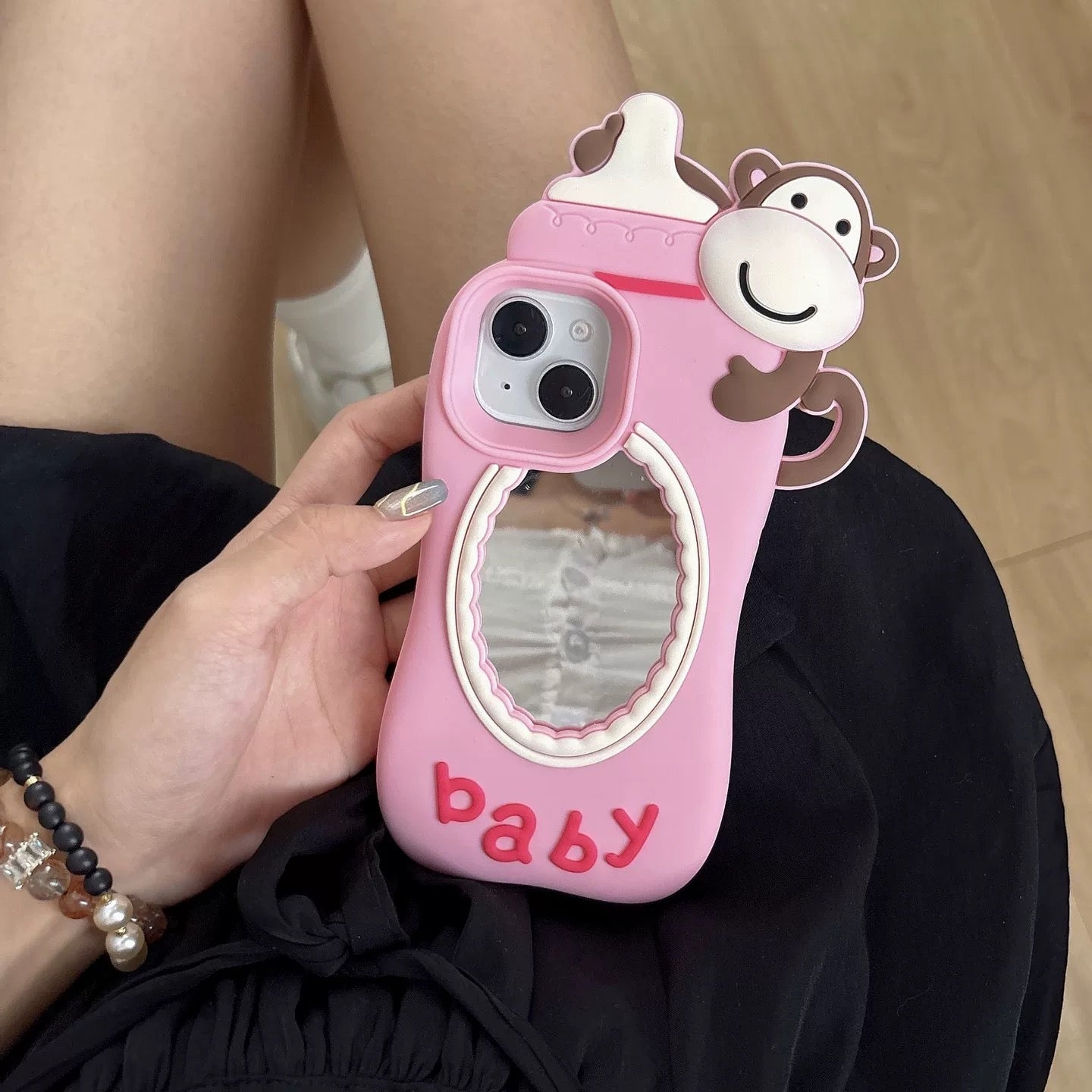Pacifier Monkey 3D Silicone Phone Case with Makeup Mirror