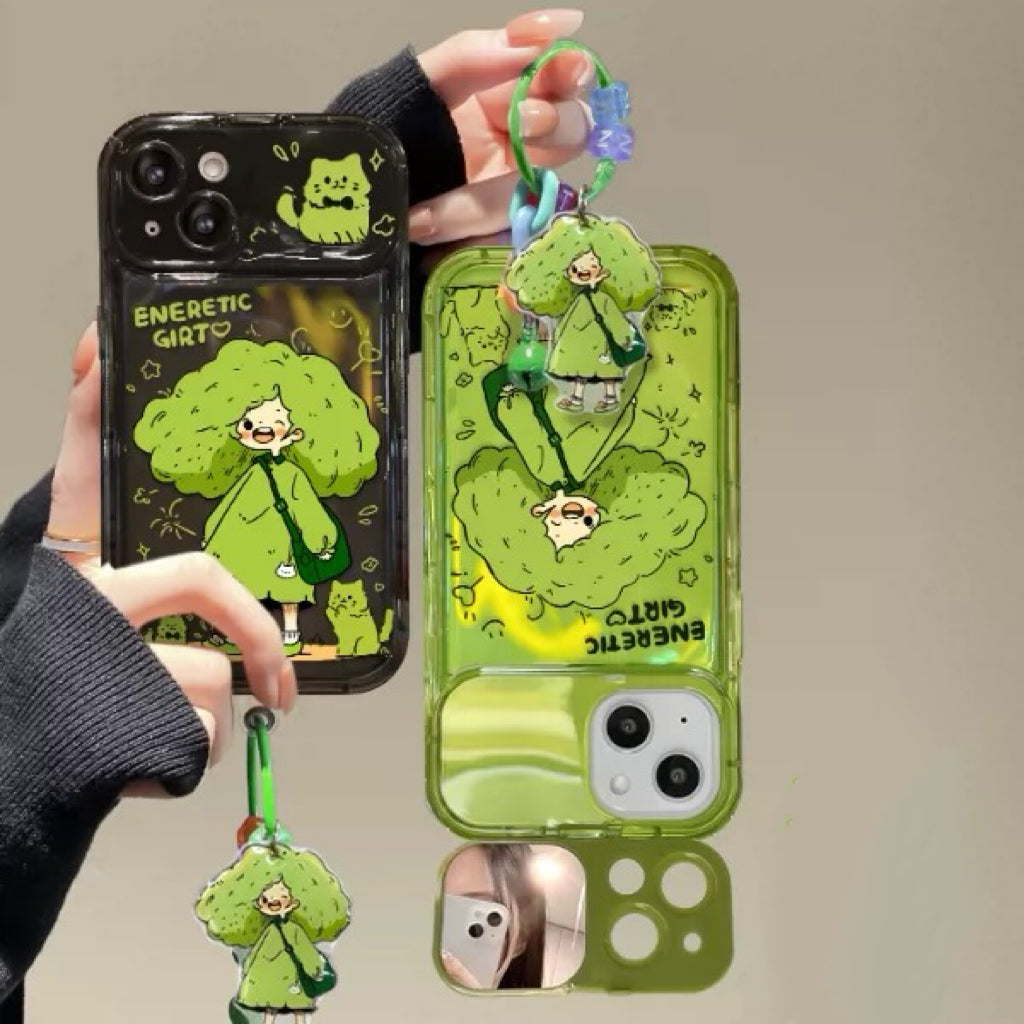 Green-haired little girl portable mirror phone case