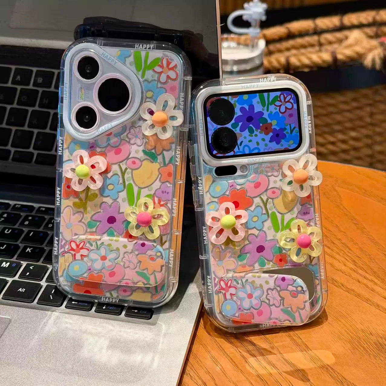 Étui de téléphone avec miroir floral pleine largeur et support