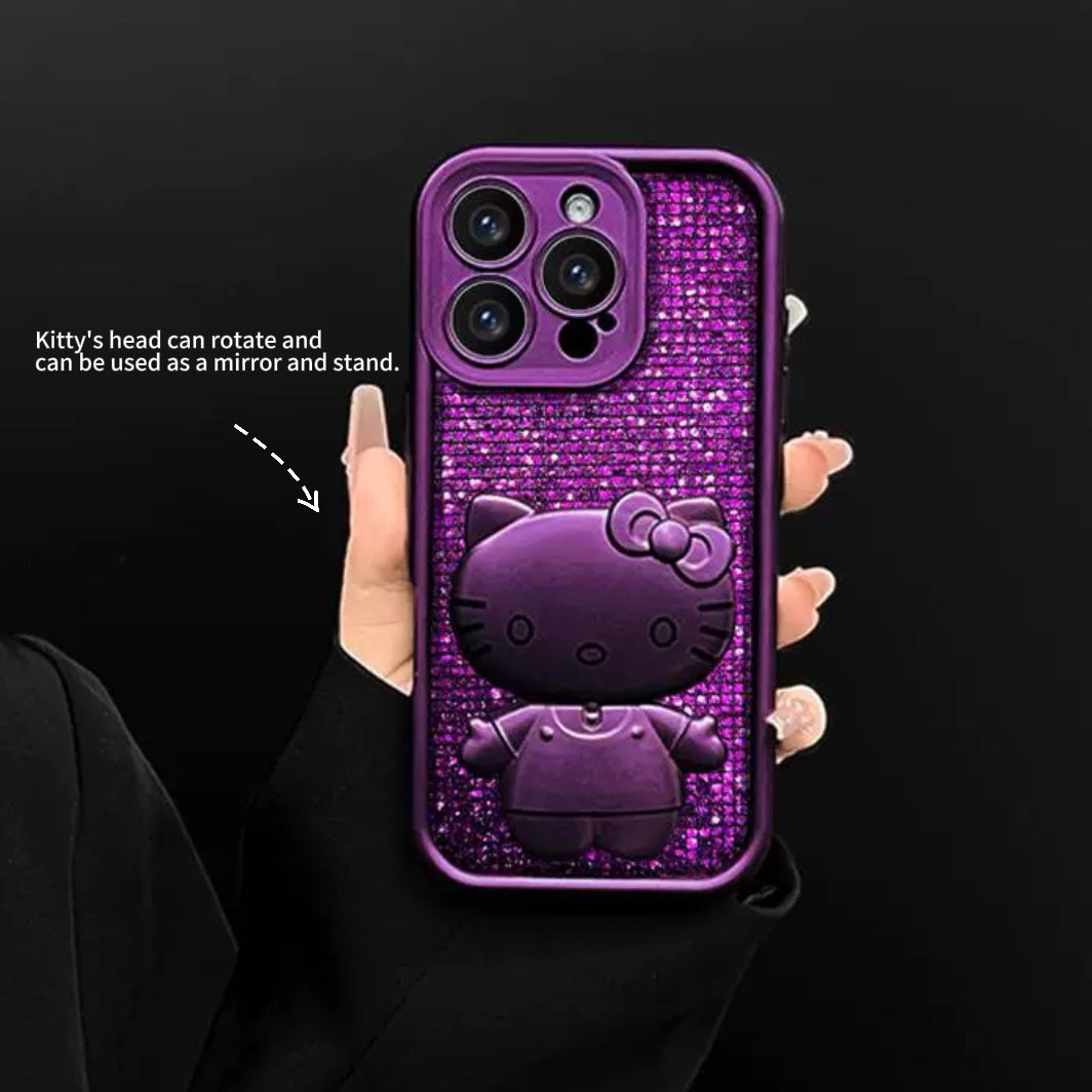 Purple rotating Kitty phone case with mirror and stand