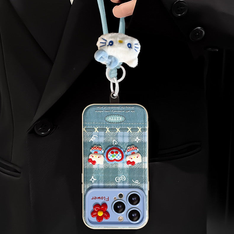 Blue Plaid Kitty Flip Phone Case with Mirror and Stand