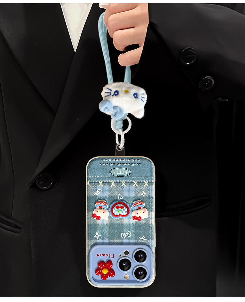 Blue Plaid Kitty Flip Phone Case with Mirror and Stand