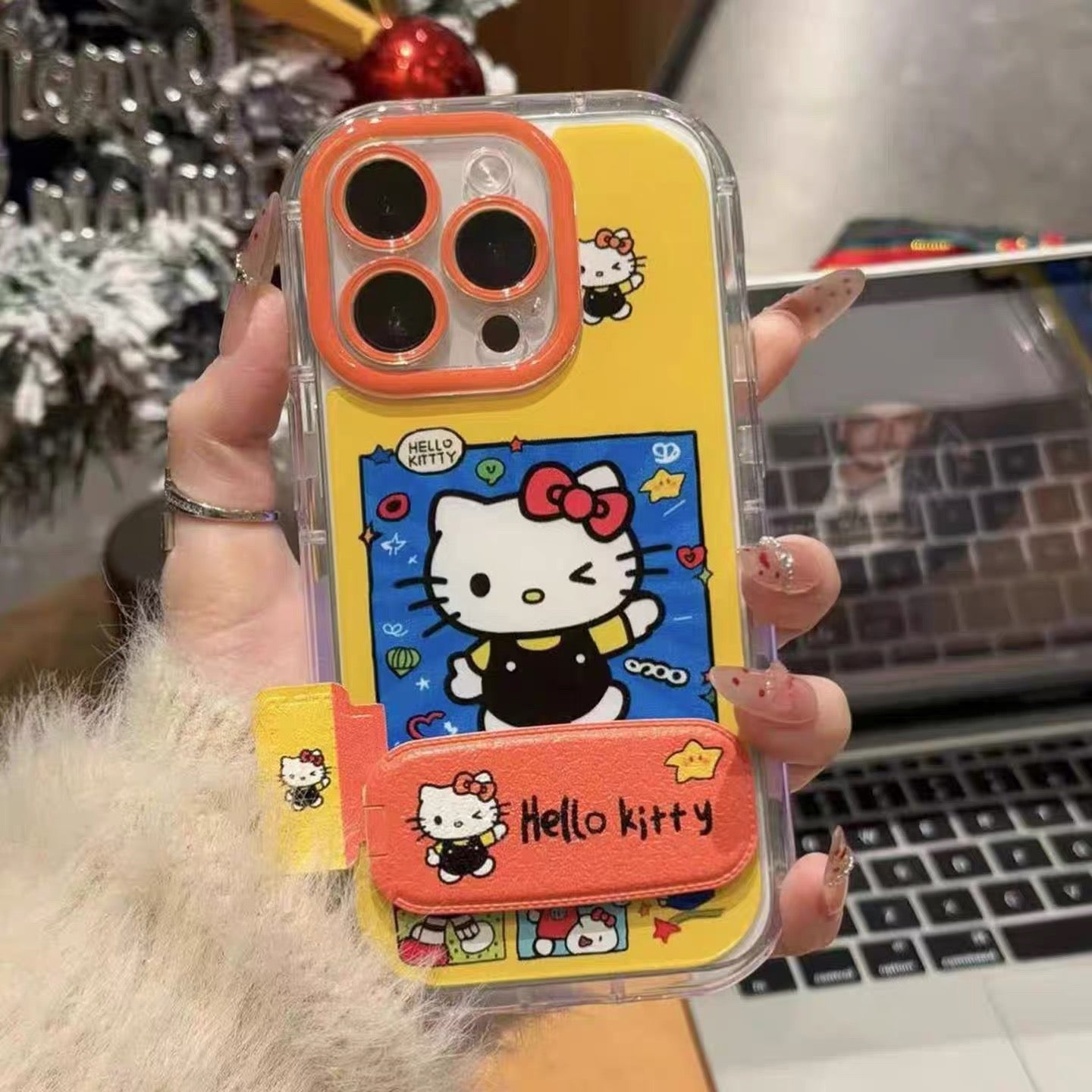 Blue frame waving Kitty cat stand phone case