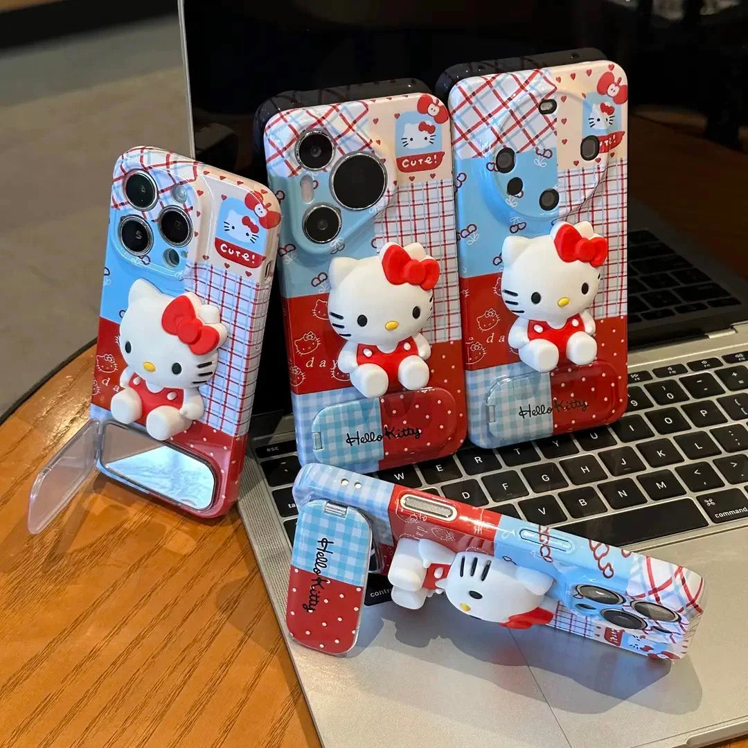 Plaid-Patchwork Hello Kitty Phone Case with Mirror Stand