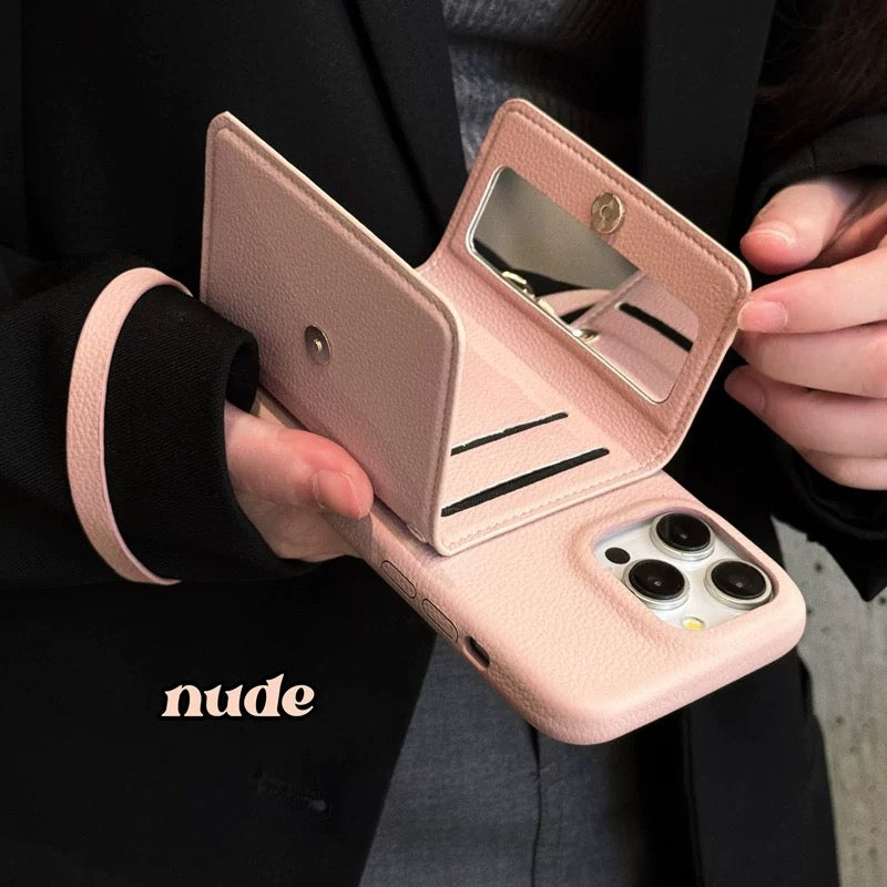 Lychee-Textured Phone Case with Mirror, Card Slot, and Wrist Strap