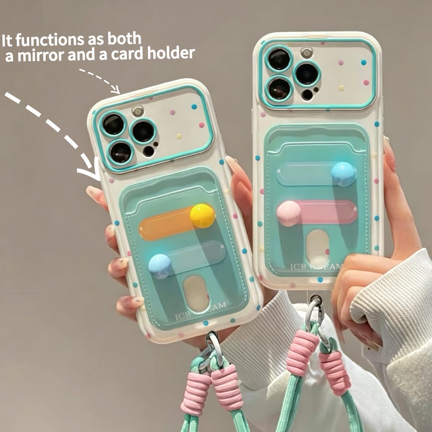 Fresh Polka-Dot Portable Mirror and Card Holder Phone Case
