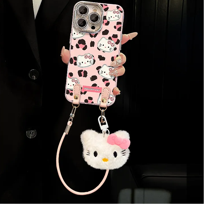 Leopard print Hello Kitty plush phone case