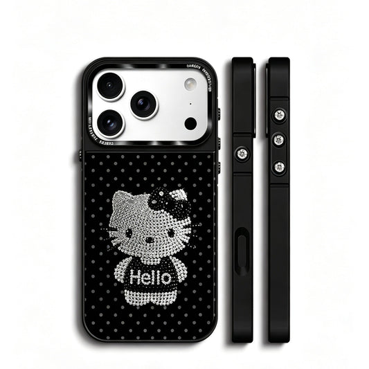 Gold-Plated Phone Case with Full-Set Rhinestone Kitty Cat Design