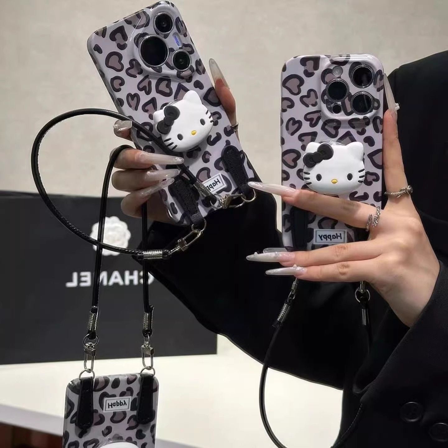 Leopard Print Hello Kitty Phone Case with Stand and Lanyard