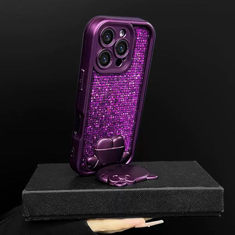 Purple rotating Kitty phone case with mirror and stand