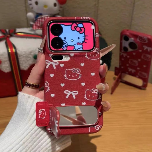 Full-screen heart-patterned Kitty mirror phone case with stand