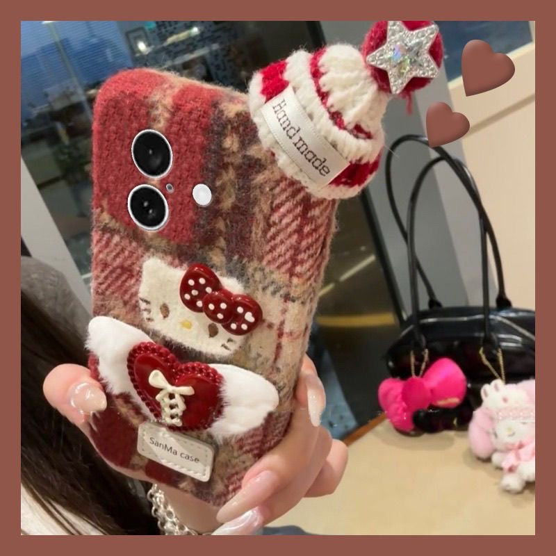 Christmas red and brown plaid Kitty cat heart wings plush hat phone case
