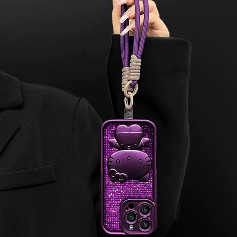 Purple rotating Kitty phone case with mirror and stand