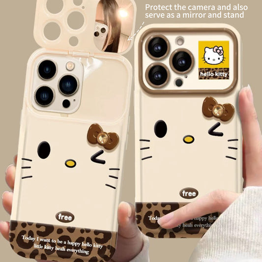 Leopard print Kitty 3D bow flip mirror phone case