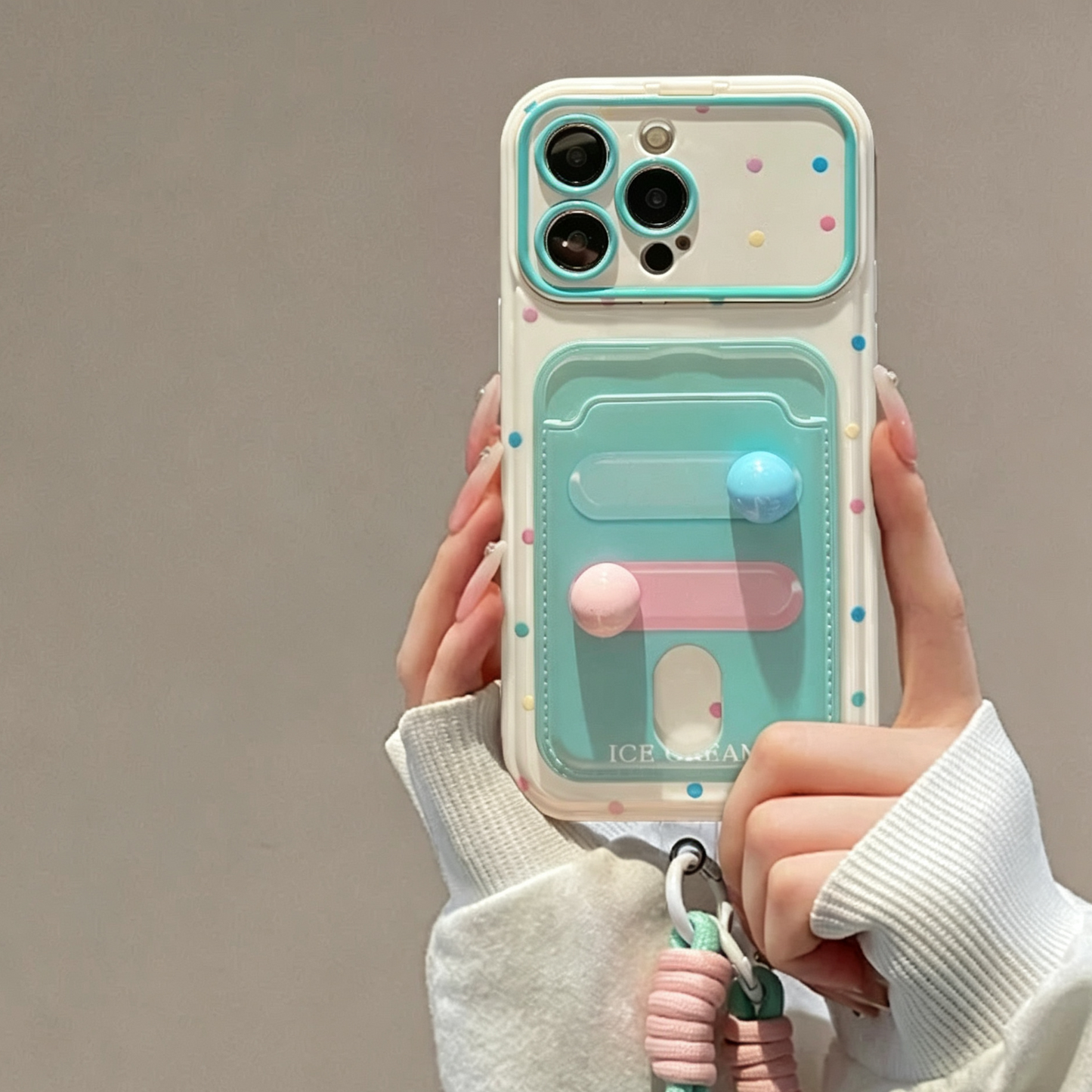 Fresh Polka-Dot Portable Mirror and Card Holder Phone Case