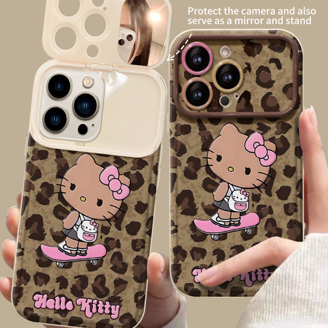 Pink leopard print Kitty flip mirror phone case