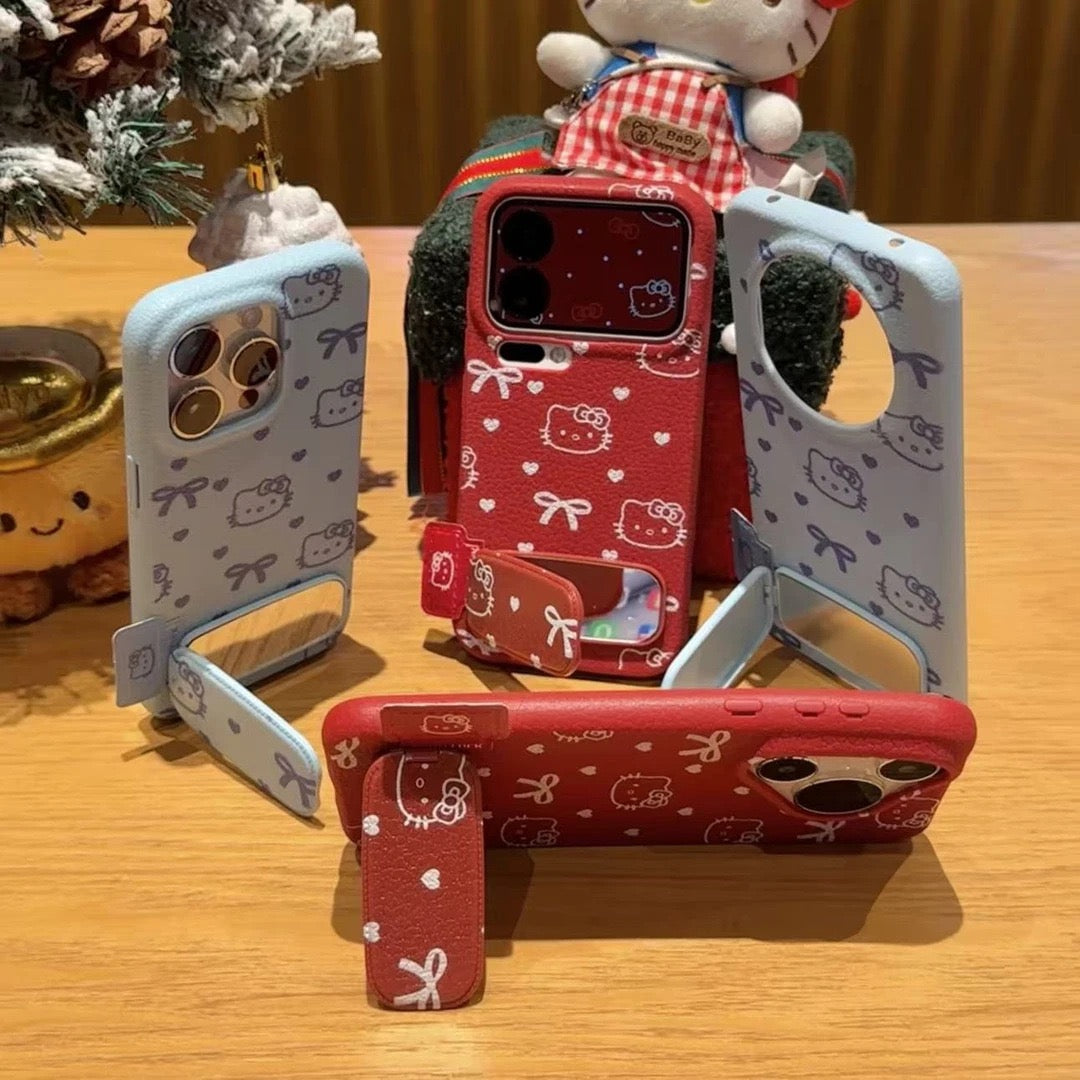 Full-screen heart-patterned Kitty mirror phone case with stand