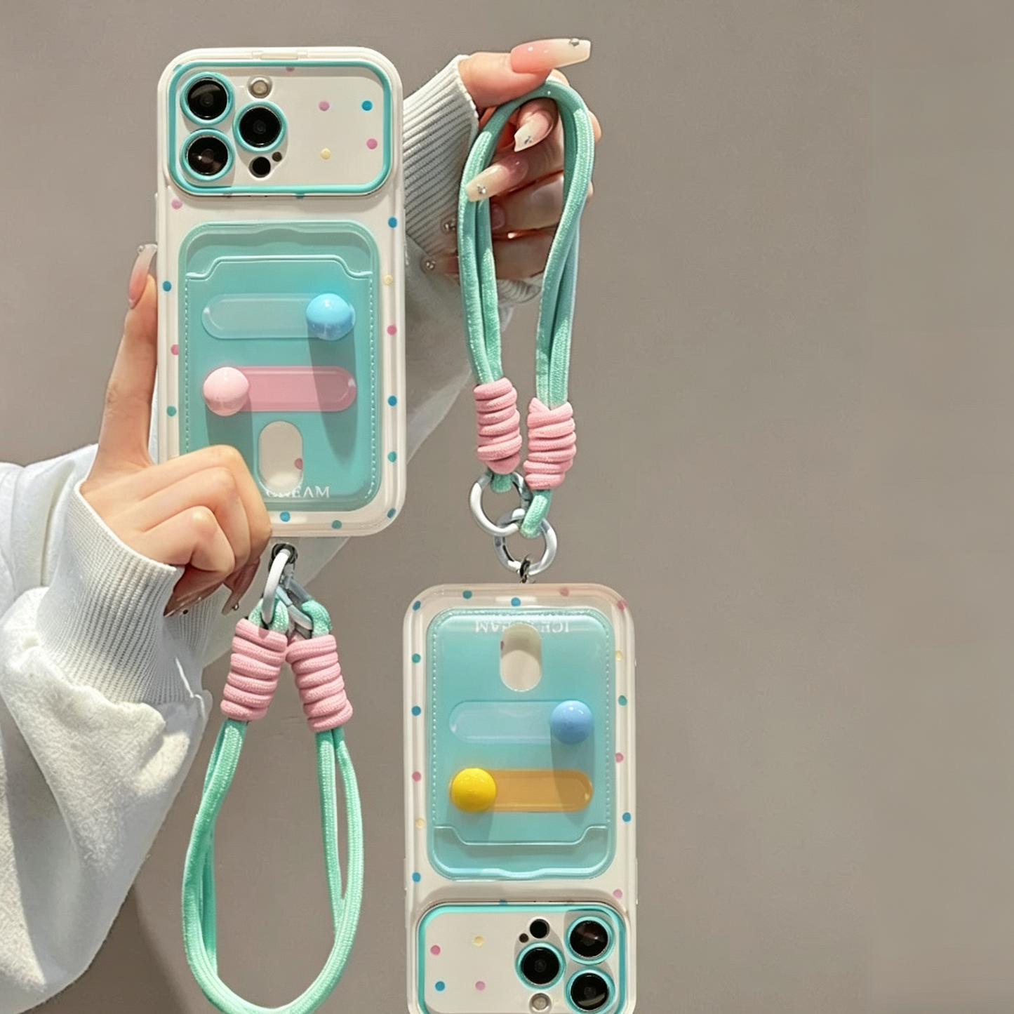 Fresh Polka-Dot Portable Mirror and Card Holder Phone Case