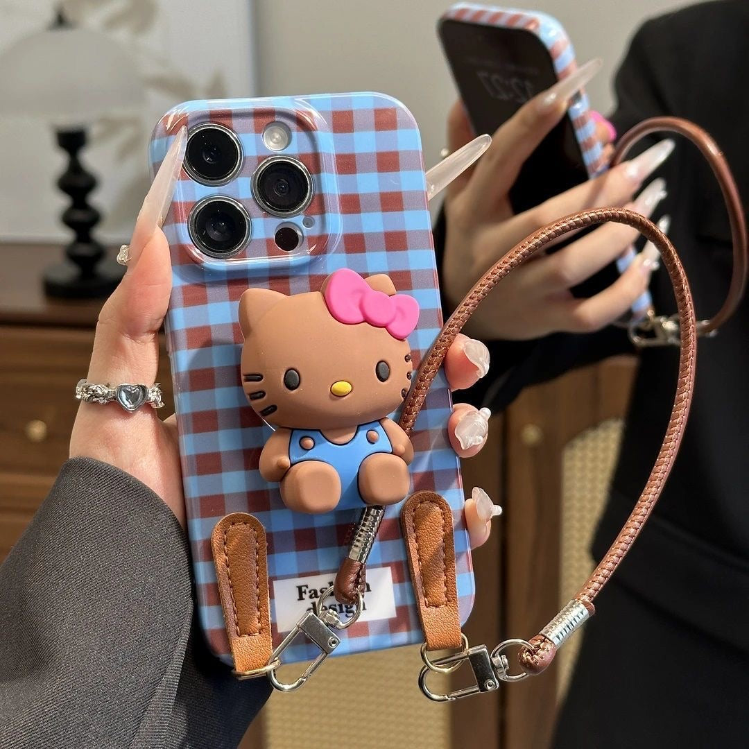 Retro plaid Kitty cat doll stand with lanyard phone case