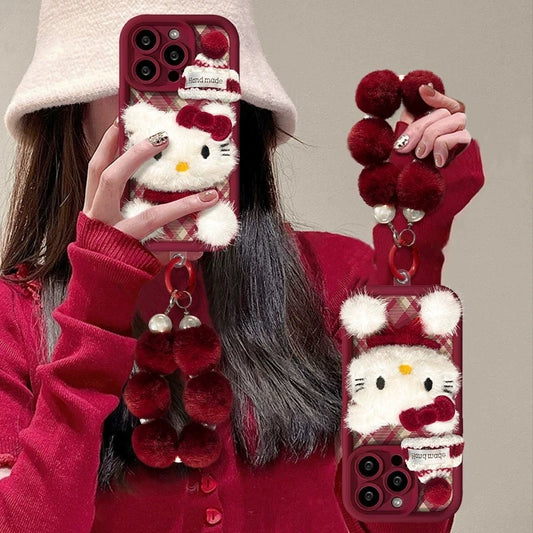Christmas plaid plush kitty cat phone case