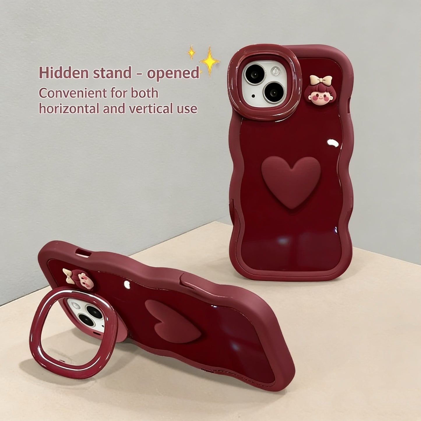 Bow-shaped Heart Girl Invisible Double Stand Phone Case