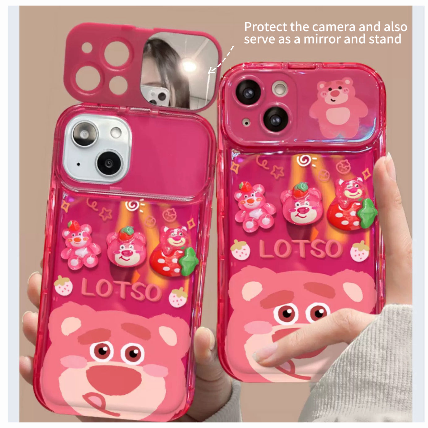 Strawberry Bear Flip Phone Case with Mirror and Stand