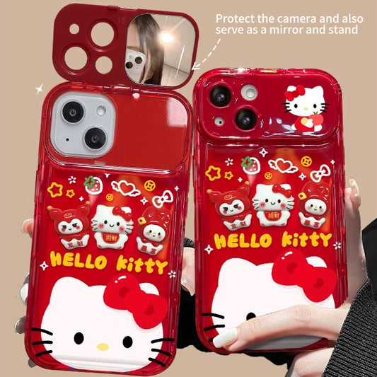 Red Kitty Kuromi flip phone case with mirror holder