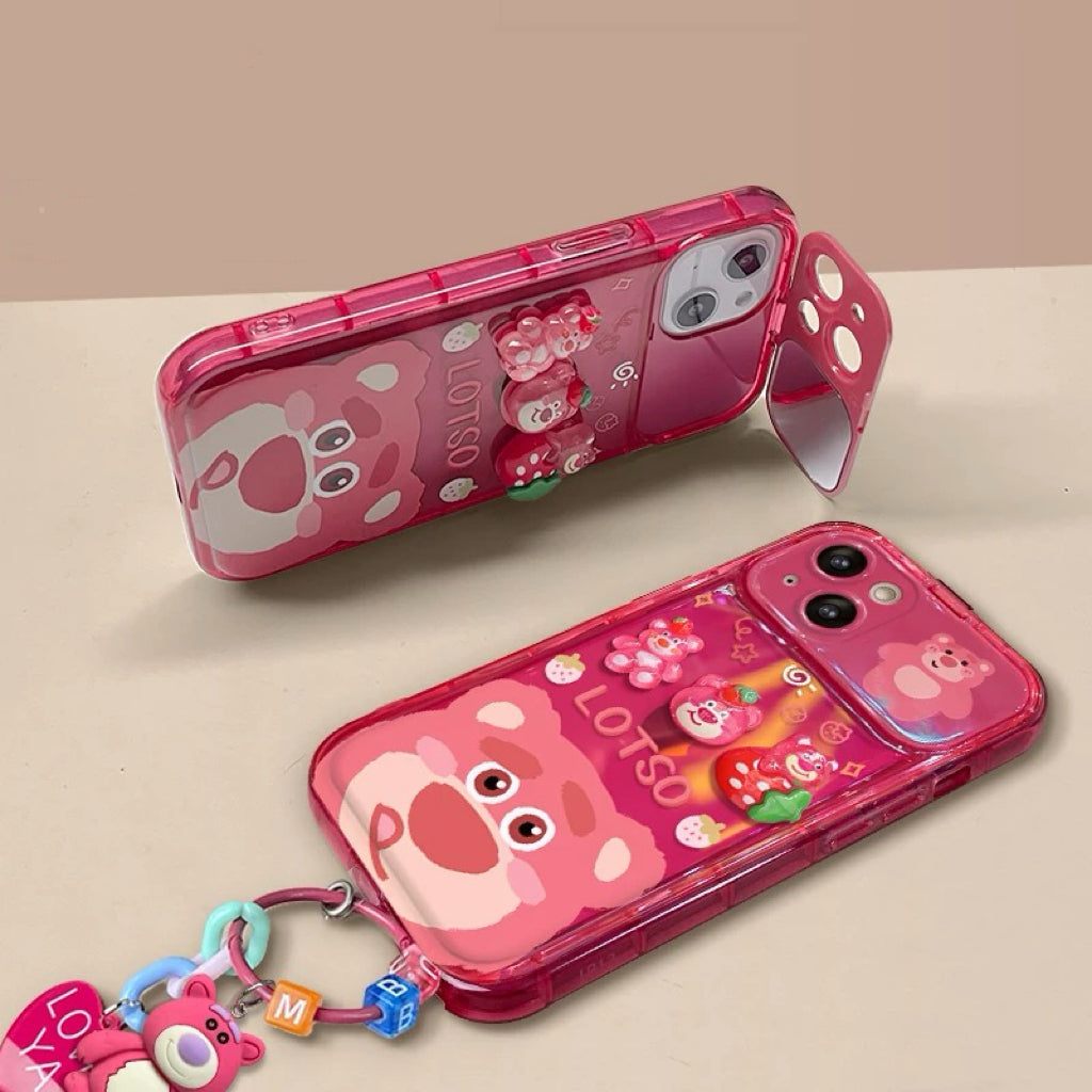 Strawberry Bear Flip Phone Case with Mirror and Stand