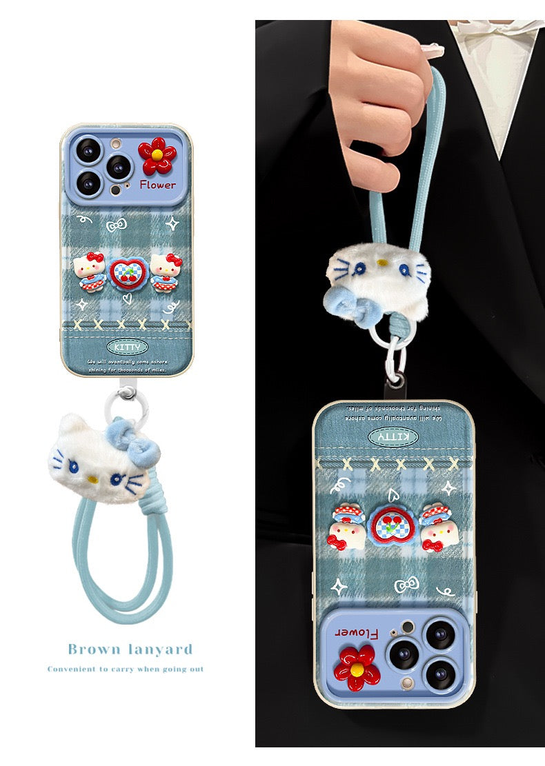 Blue Plaid Kitty Flip Phone Case with Mirror and Stand