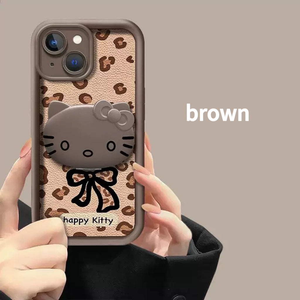Rotating leopard print Kitty mirror and stand phone case
