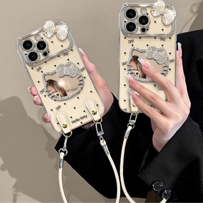 White sparkly Kitty mirror phone case (with wrist strap)