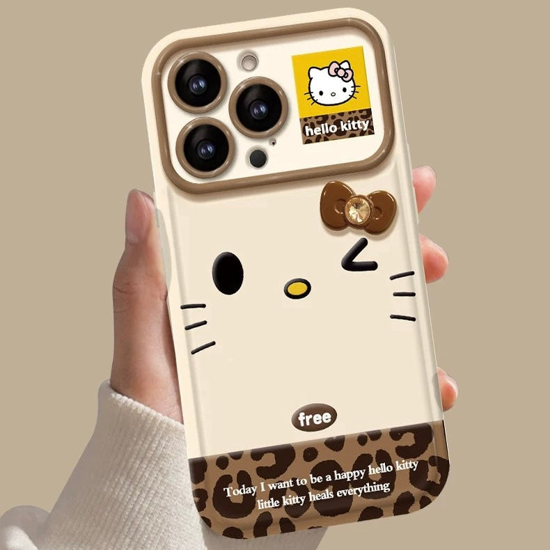Leopard print Kitty 3D bow flip mirror phone case