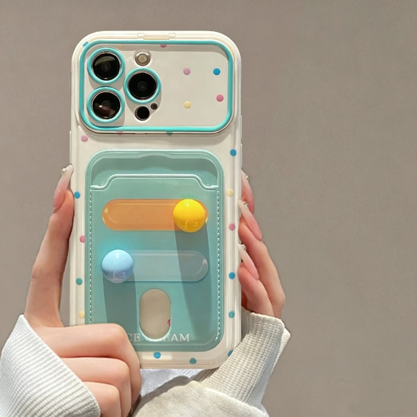 Fresh Polka-Dot Portable Mirror and Card Holder Phone Case