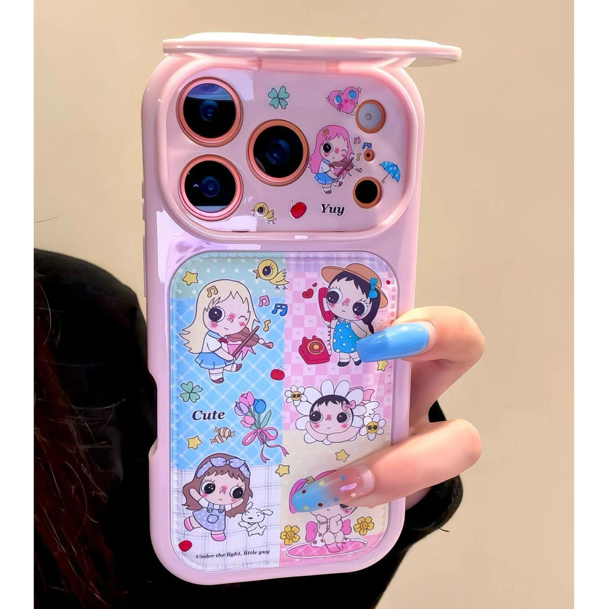 Cartoon girl phone case with a flip-out mirror